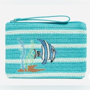 Vera Bradley Turquoise White Striped Wristlet with Fish Embroidery
